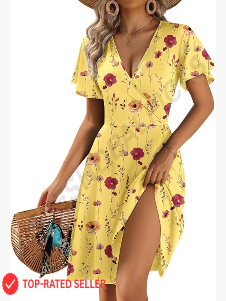 Wrap V Neck Dress A-Line Ruffle Sleeve Casual Sundress With Pockets